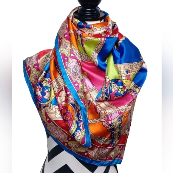 Luxury 100% Silk Colorful Gold Telescope Chapeau Scarf Wrap - Picture 4 of 14